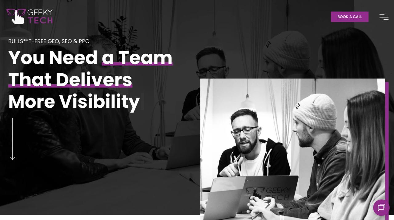 온라인 가시성 향상을 위한 전문 SEO, GEO 및 PPC 서비스를 제공하는 Geeky Tech 디지털 마케팅 대행사 홈페이지