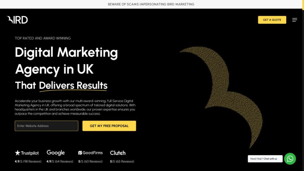 다양한 플랫폼에서 최고의 평가를 받으며 수상 경력에 빛나는 영국 기반의 마케팅 솔루션을 소개하는 Bird Marketing 풀 서비스 디지털 에이전시 홈페이지입니다.