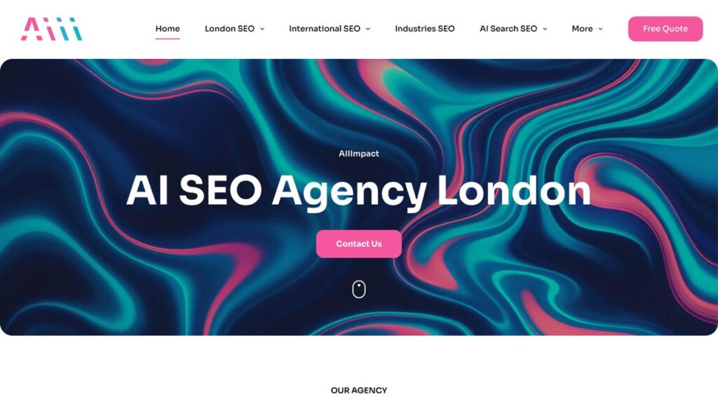 현대적인 디자인과 전문화된 검색 엔진 최적화 서비스를 제공하는 런던 기반의 AI SEO 에이전시 AllImpact 홈페이지