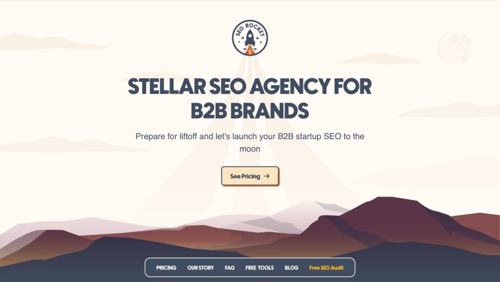 기업 검색 최적화 서비스를 홍보하는 우주 테마 브랜딩이 적용된 SEO 로켓 B2B SEO 대행사 홈페이지