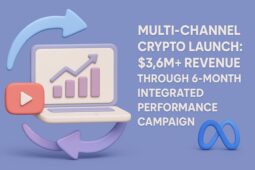 A soft 3D illustration in blue and purple tones showing a laptop with a rising bar chart, surrounded by curved directional arrows, a YouTube play-button icon, and a Meta logo. On the right, bold white text reads: ‘Multi-Channel Crypto Launch: $3.6M+ Revenue Through 6-Month Integrated Performance Campaign.’ Background in smooth muted blue.
