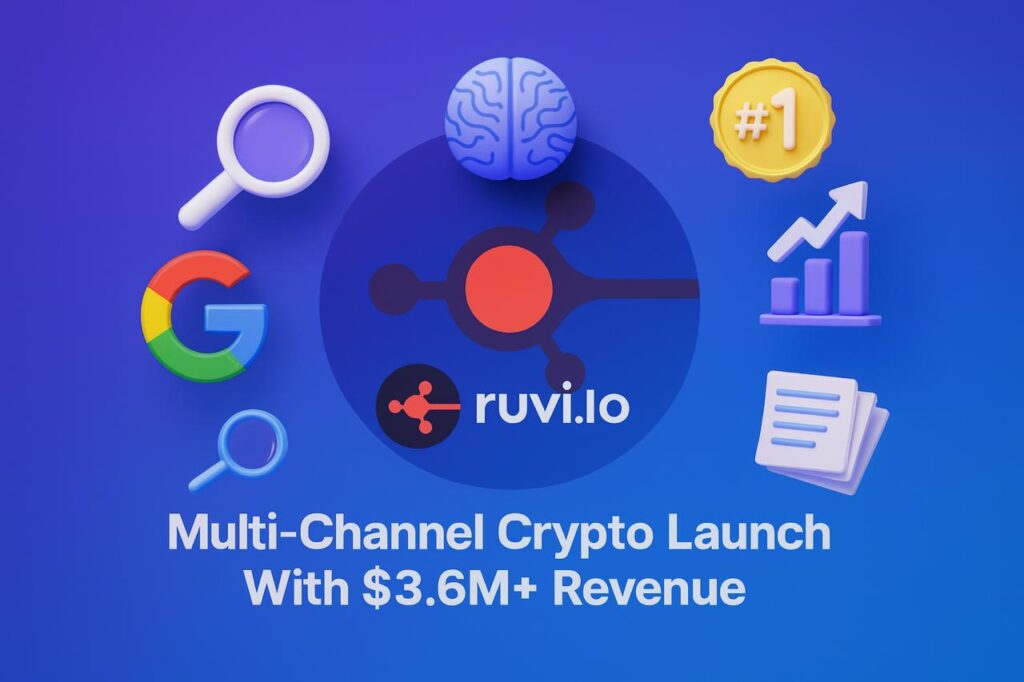 파란색-보라색 그라데이션 배경에 Ruvi.io 로고가 중앙에 있는 3D 스타일의 Ruvi.io 사례 연구용 홍보 표지입니다. 그 주변에는 구글 'G', 돋보기, 인공지능 두뇌, 1등 배지, 상승 막대 차트, 문서 더미 등 3D 아이콘이 떠 있습니다. 그 아래에는 굵은 흰색 글씨로 