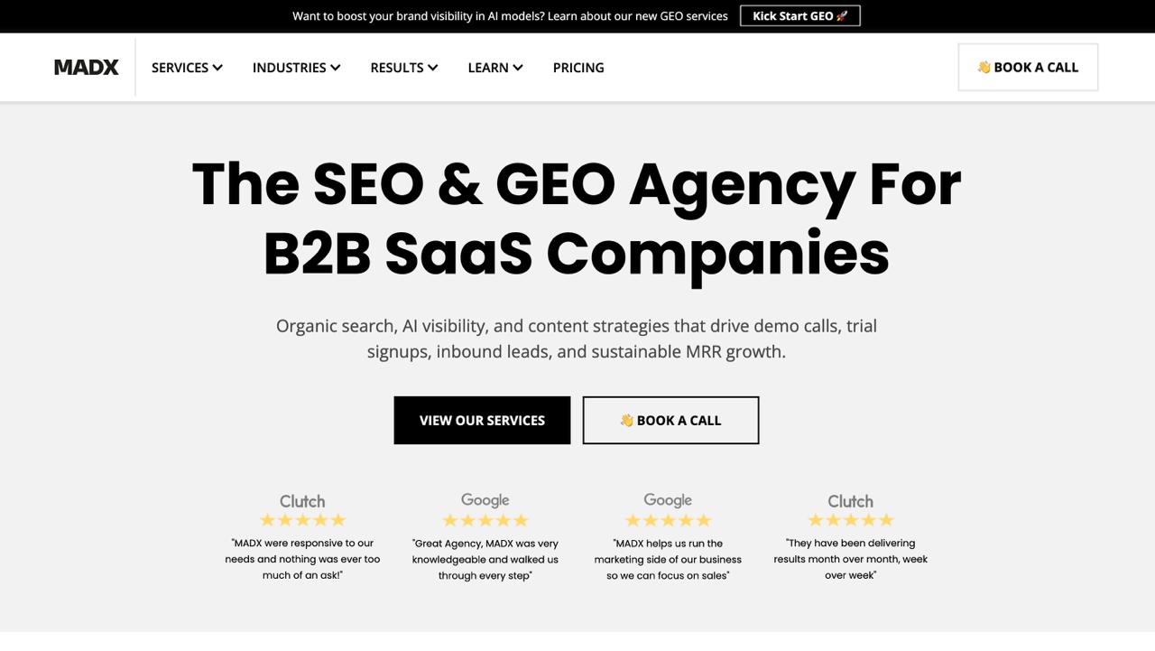 MADX Digital 金融科技 AI SEO 机构主页，提供 GEO 服务、战略咨询和 AI 概述优化功能