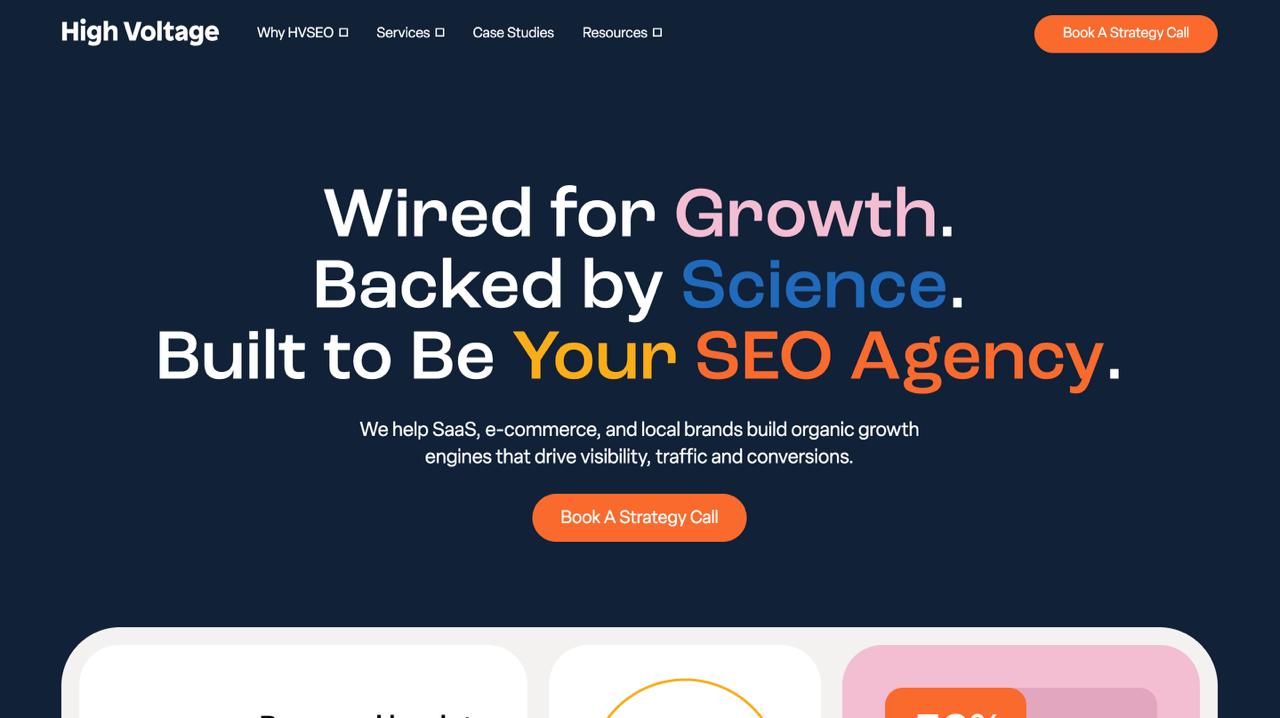 High Voltage SEO 主页展示复合搜索引擎优化方法、400 多项算法测试以及专业的金融科技优化服务