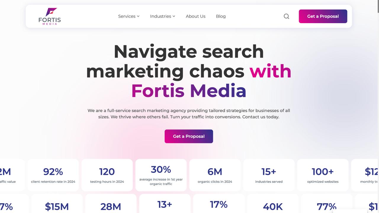 富通媒体主页展示了针对金融科技平台的潜在客户搜索引擎优化、战略合作方式和转化优化服务