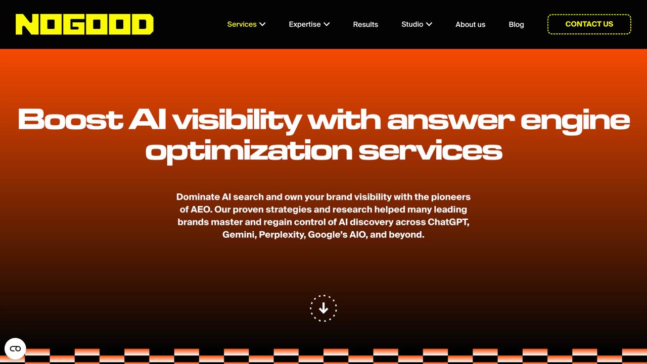 NoGood 主页的特色是通过 Goodie 平台在 ChatGPT Gemini 和 Perplexity 上提供人工智能可见性的答案引擎优化服务