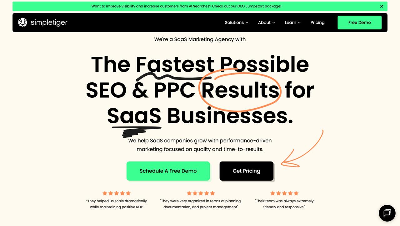 Imagen de la página de inicio de SimpleTiger en la que se destacan las soluciones de búsqueda basadas en LLM para equipos SaaS esbeltos, haciendo hincapié en la claridad y la optimización eficiente impulsada por IA.