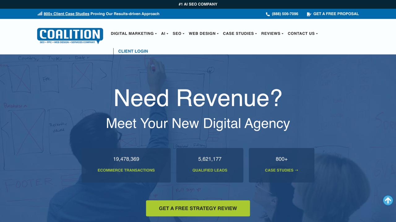 La página de inicio de comercio electrónico de Coalition Technologies muestra la optimización generativa de motores, los servicios de visibilidad ChatGPT y las estrategias LLM para marcas minoristas en línea