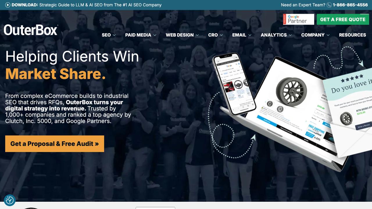 Sitio web de la agencia SEO para grandes catálogos OuterBox, con optimización de la arquitectura de categorías, soluciones de gestión de 5000 SKU y estrategias de búsqueda de comercio electrónico industrial.
