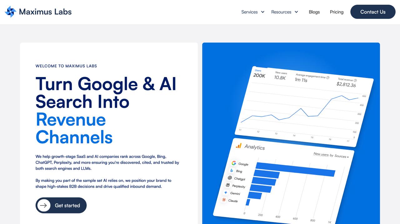 La página de inicio de MaximusLabs AI muestra SEO de comercio electrónico nativo de IA, optimización de Shopify, soluciones de comercio headless y visibilidad de ChatGPT Shopping para marcas D2C