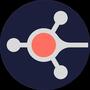 Ruvi.ai logo featuring a network diagram with a central coral-red circle connected to three white circular nodes by white lines, set against a dark navy blue circular background.