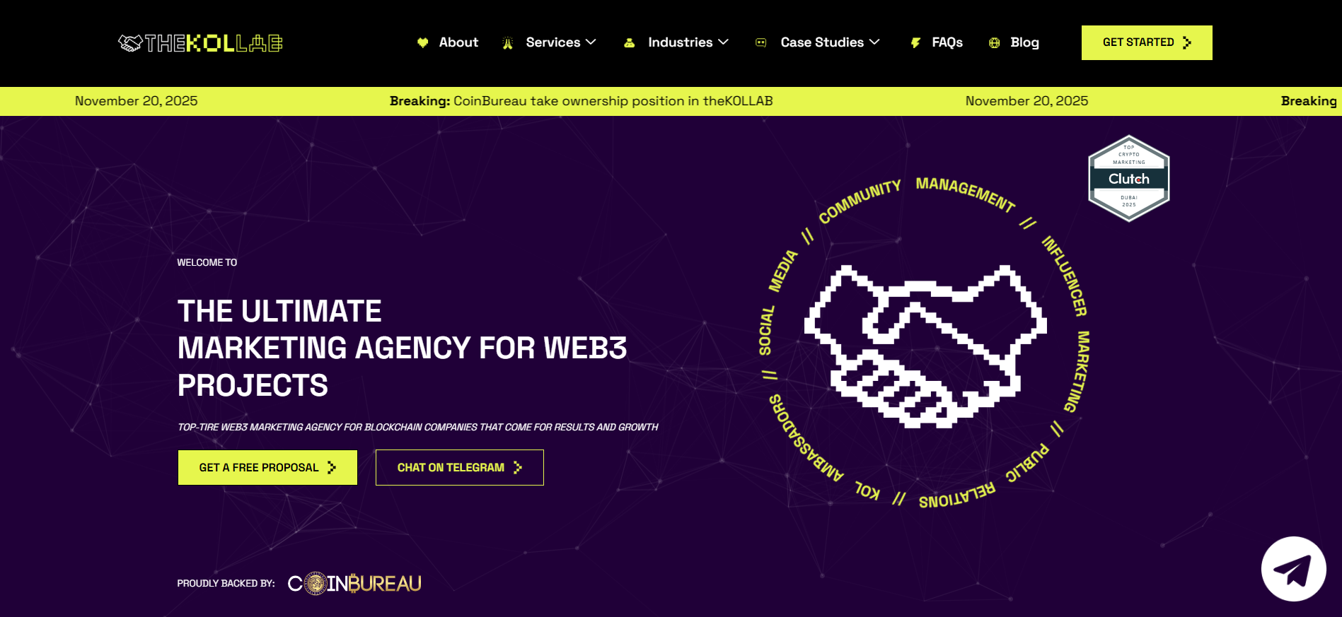 الصفحة الرئيسية لـ TheKOLLAB التي تضم اتصالات قادة الرأي الرئيسيين لحملات تسويق DeFi واستراتيجيات نمو القيمة السوقية للرموز الرمزية المثبتة.