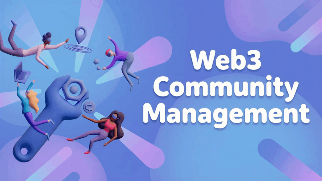 Web3 community management illustration with diverse team members collaborating in blockchain space.