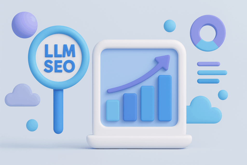 SEO-иллюстрация, созданная LLM, с изображением увеличительного стекла, аналитического графика с тенденцией к росту и абстрактных облачных элементов, символизирующих поисковую оптимизацию с использованием искусственного интеллекта.