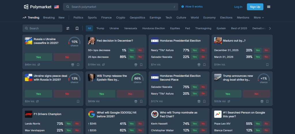 تعرض الصفحة الرئيسية لبولي ماركت الصفحة الرئيسية لأسواق التنبؤات الشائعة للسياسة والعملات الرقمية والرياضة مع خيارات الرهان بنعم/لا واحتمالات مباشرة.