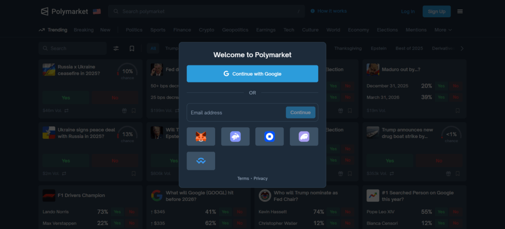 نموذج تسجيل الاشتراك الترحيبي في Polymarket مع تسجيل الدخول إلى Google، والتسجيل عبر البريد الإلكتروني، وخيارات المحفظة المشفرة مثل MetaMask ومحفظة Coinbase.