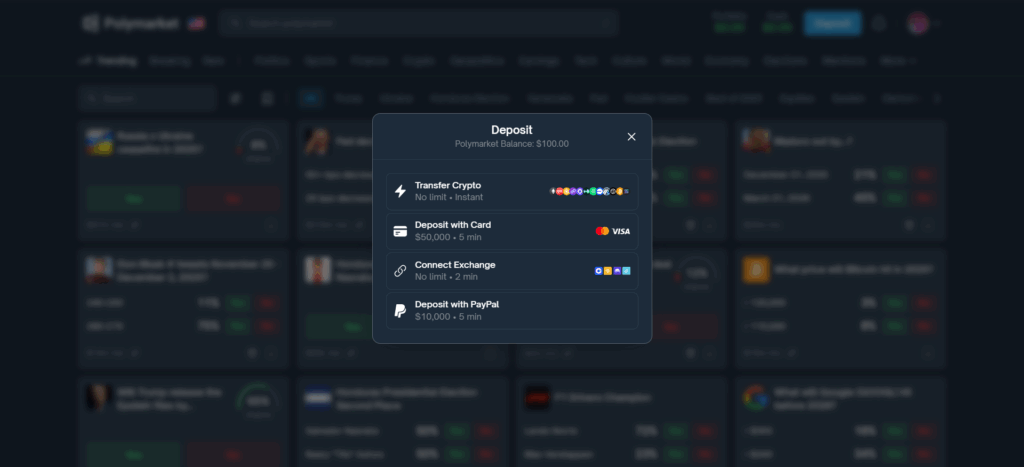 تُظهر طريقة الإيداع في Polymarket خيارات تحويل العملات الرقمية والإيداع بالبطاقة وتوصيل الصرف وباي بال مع حدود.