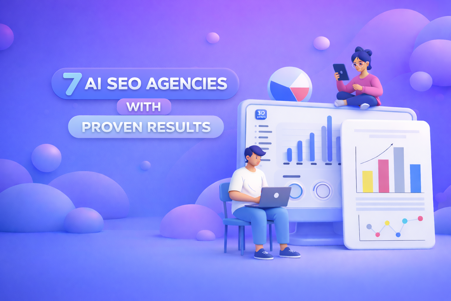 Illustration 3D d'une équipe d'analyse SEO avec des tableaux de bord et des graphiques sur un fond dégradé bleu-violet, mettant en évidence les résultats prouvés en matière de référencement.
