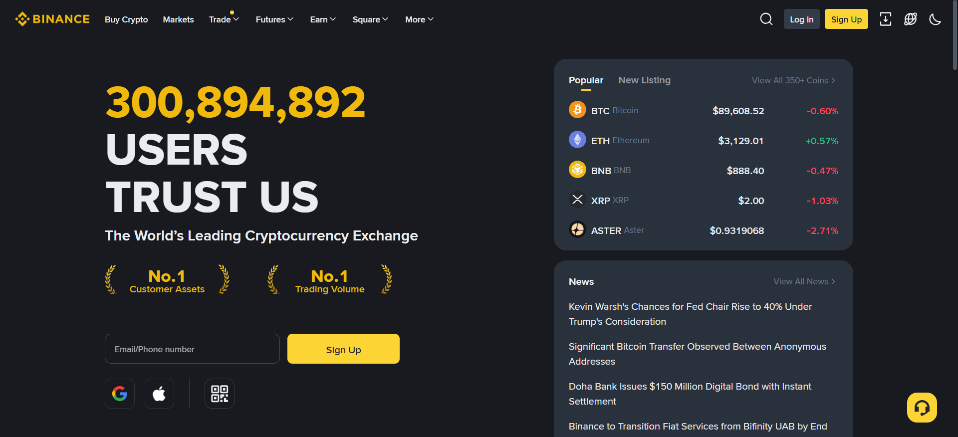 La homepage di Binance mostra i mercati spot e futures con accesso all'ecosistema BNB - la migliore borsa di criptovalute per volume di scambi.