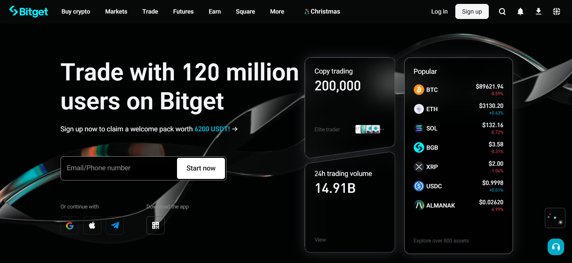 La homepage di Bitget mostra le funzioni di copy trading e social - il miglior exchange di criptovalute con zero violazioni della sicurezza.