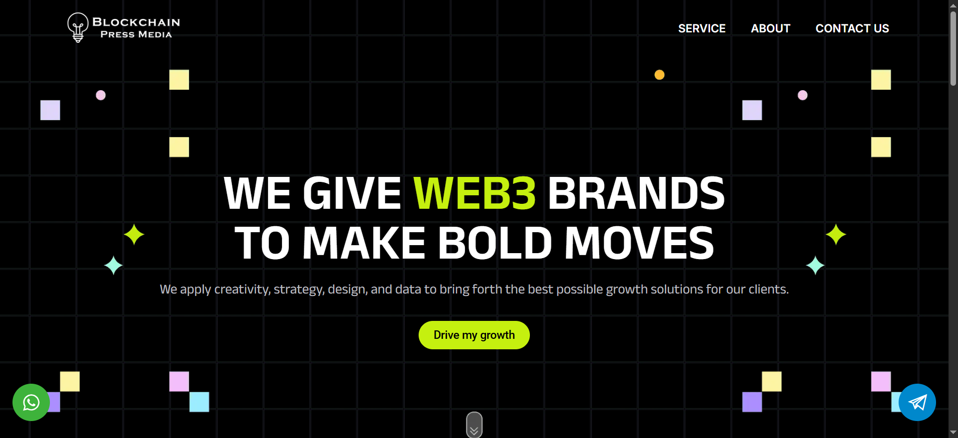 Blockchain Press Media homepage featuring DeFi-focused crisis PR and decentralized protocol communications.