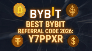 Рекламный баннер для Bybit с изображением иконок биткоина, Ethereum, USDT и доллара с текстом 
