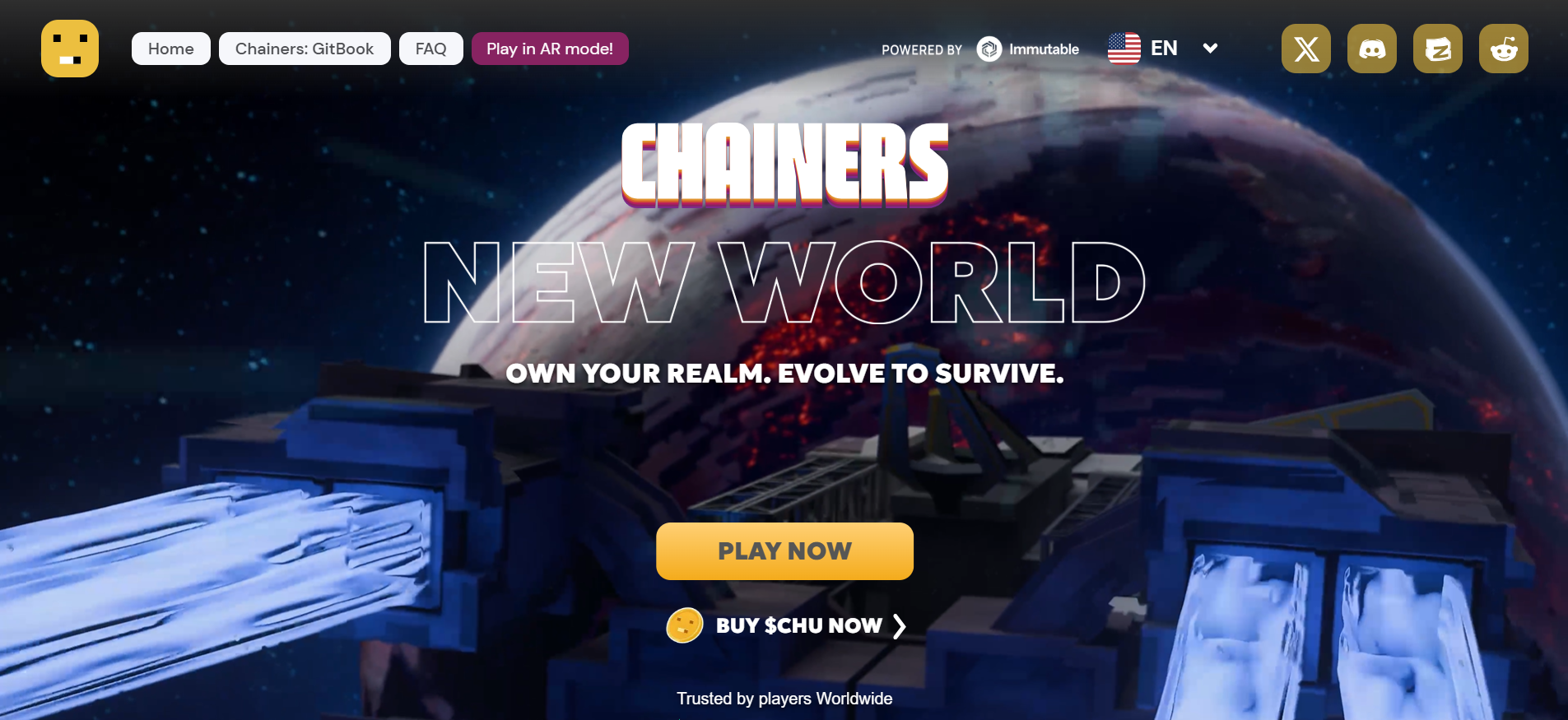 Página de inicio del universo de juegos Chainers con un MMO Web3 basado en navegador y una preventa de criptomonedas para 600.000 jugadores en diciembre
