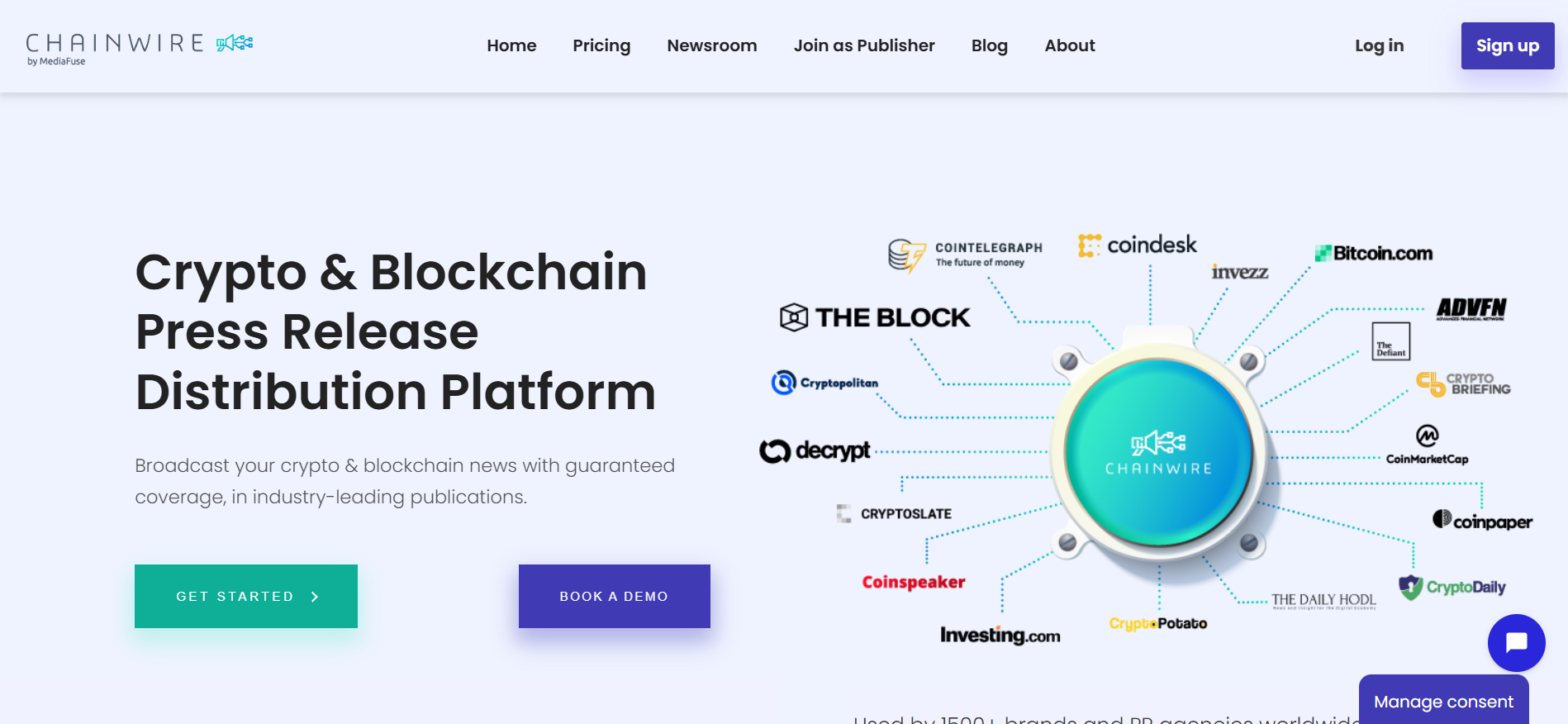 Chainwire homepage featuring blockchain PR distribution network with 100 plus crypto media integrations.