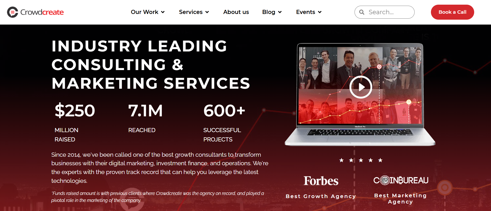 Crowdcreate homepage highlighting KOL network and blockchain PR services for gaming and NFT projects.