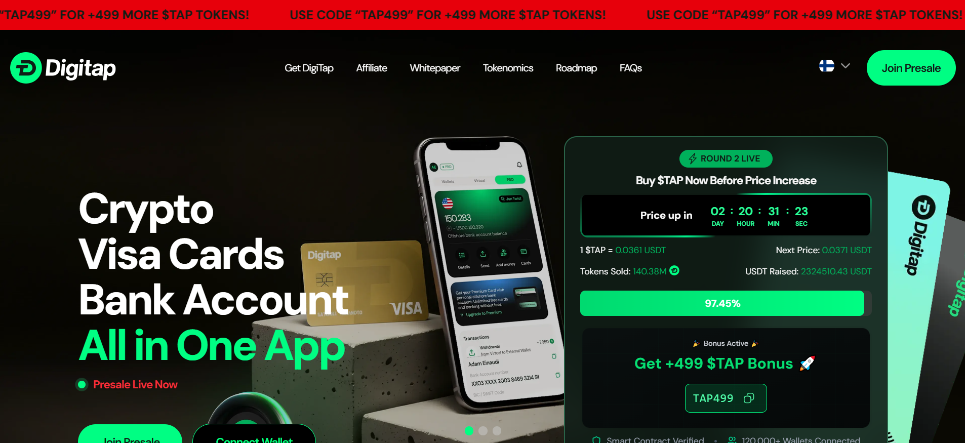 Página de preventa de DigiTap que presenta la plataforma cripto fiat omnibancaria con integración de tarjetas Visa Venta de tokens en diciembre de 2025