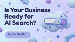 Soft 3D blue and purple article cover featuring a search bar icon, the headline 'Is Your Business Ready for AI Search?', and a 'Get Free Checklist!' button.