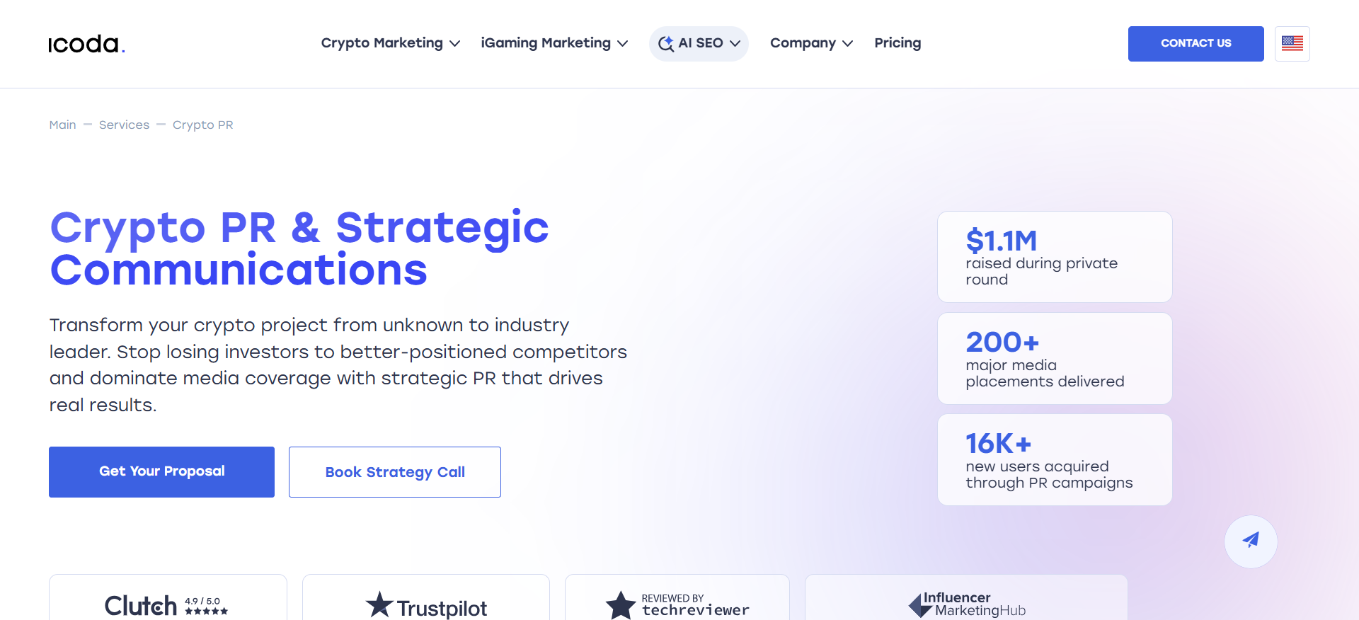 ICODA homepage featuring blockchain marketing services and data-driven crypto PR agency solutions.