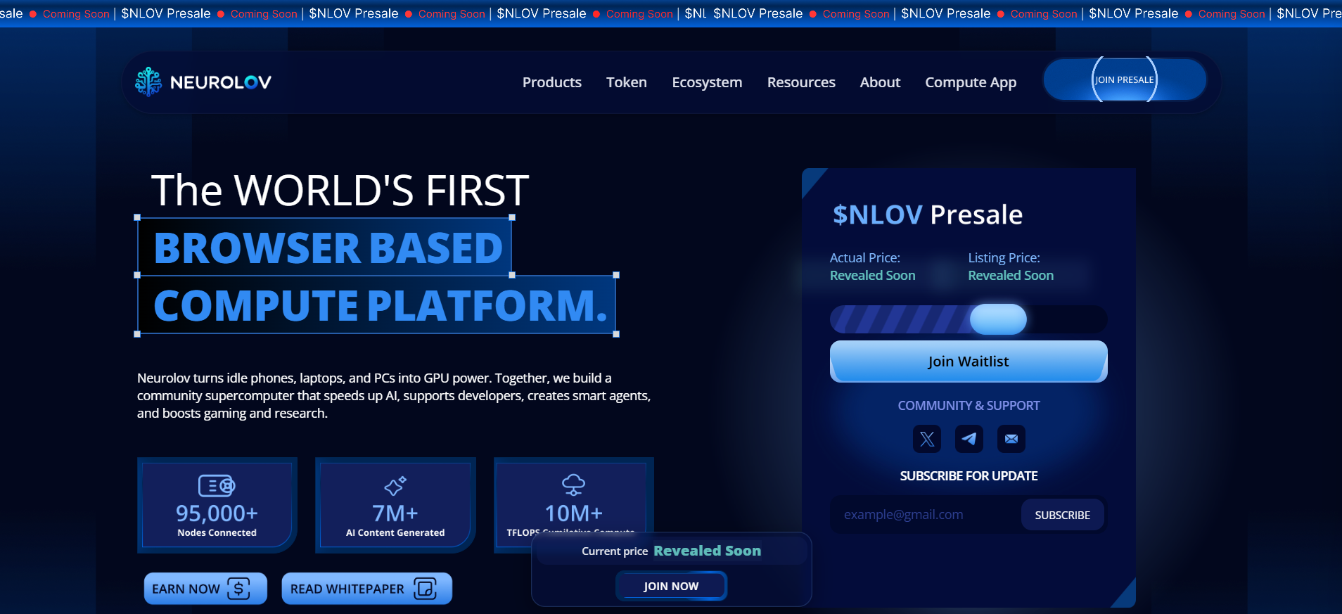 La página de inicio de la plataforma Neurolov muestra la preventa de criptomonedas de la red de computación GPU de IA descentralizada basada en navegador en diciembre de 2025