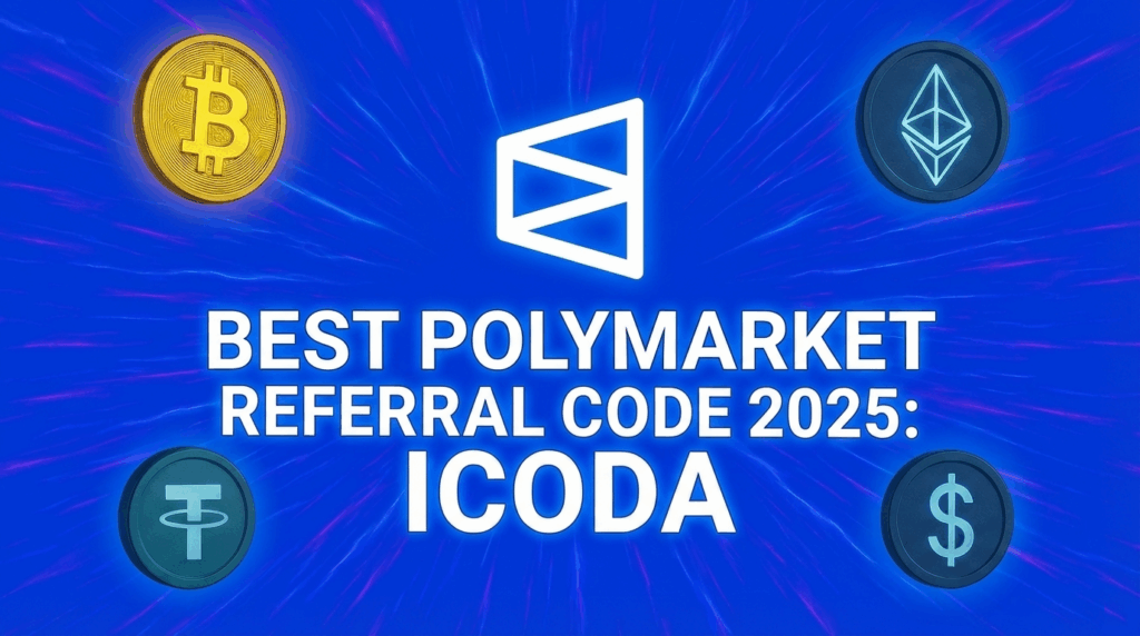最佳 Polymarket 推荐代码 2025 ICODA 促销横幅，带有比特币、以太坊、Tether 和 USDC 加密货币图标。