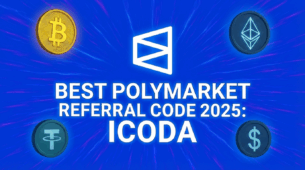 أفضل كود إحالة بولي ماركت 2025 شعار ترويجي لـ ICODA مع أيقونات البيتكوين والإيثيريوم والتيثر والدولار الأمريكي.