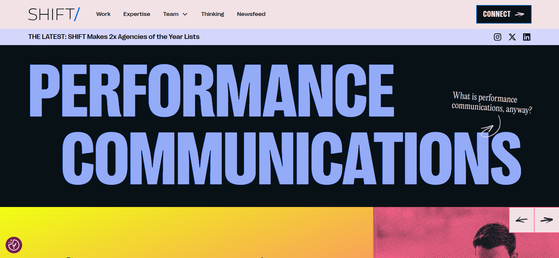 SHIFT Communications homepage featuring multi-city crypto PR agency services for institutional clients.