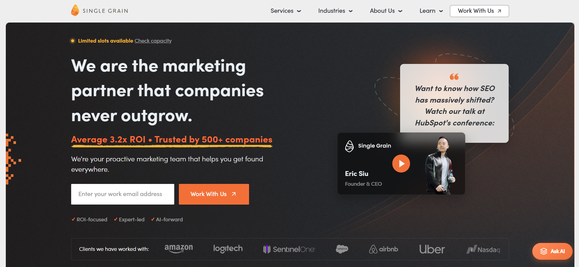 Single Grain homepage displaying full-service cryptocurrency marketing and blockchain PR capabilities.