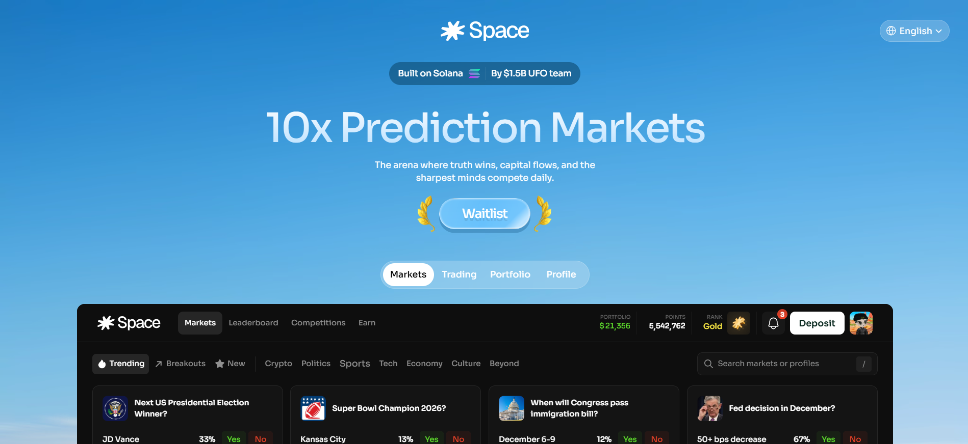 Página de inicio de la plataforma espacial con la interfaz de negociación del mercado de predicción apalancado 10x mejor preventa de criptomonedas de diciembre de 2025