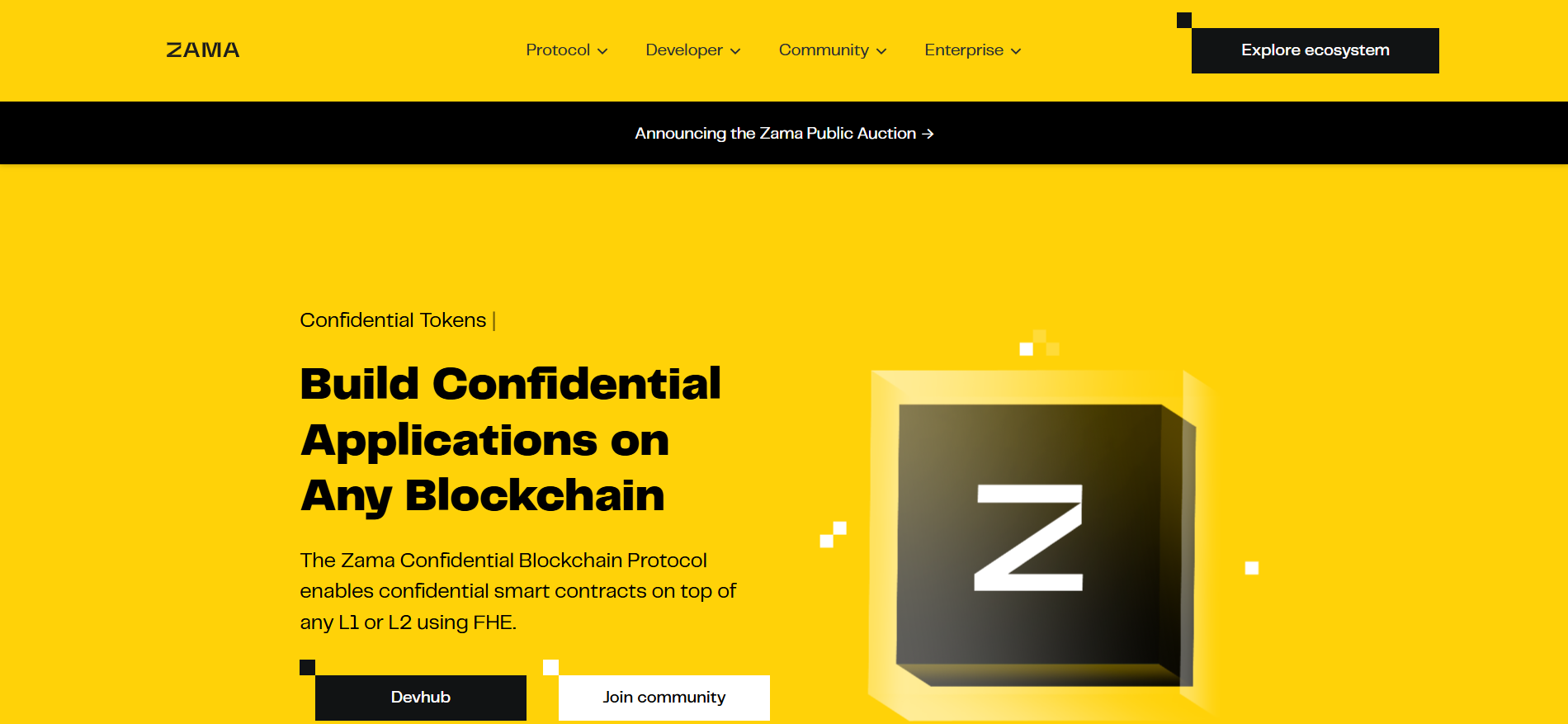 La página de inicio de Zama muestra el protocolo de cadena de bloques confidencial Fully Homomorphic Encryption mejor criptopreventa para invertir en diciembre de 2025