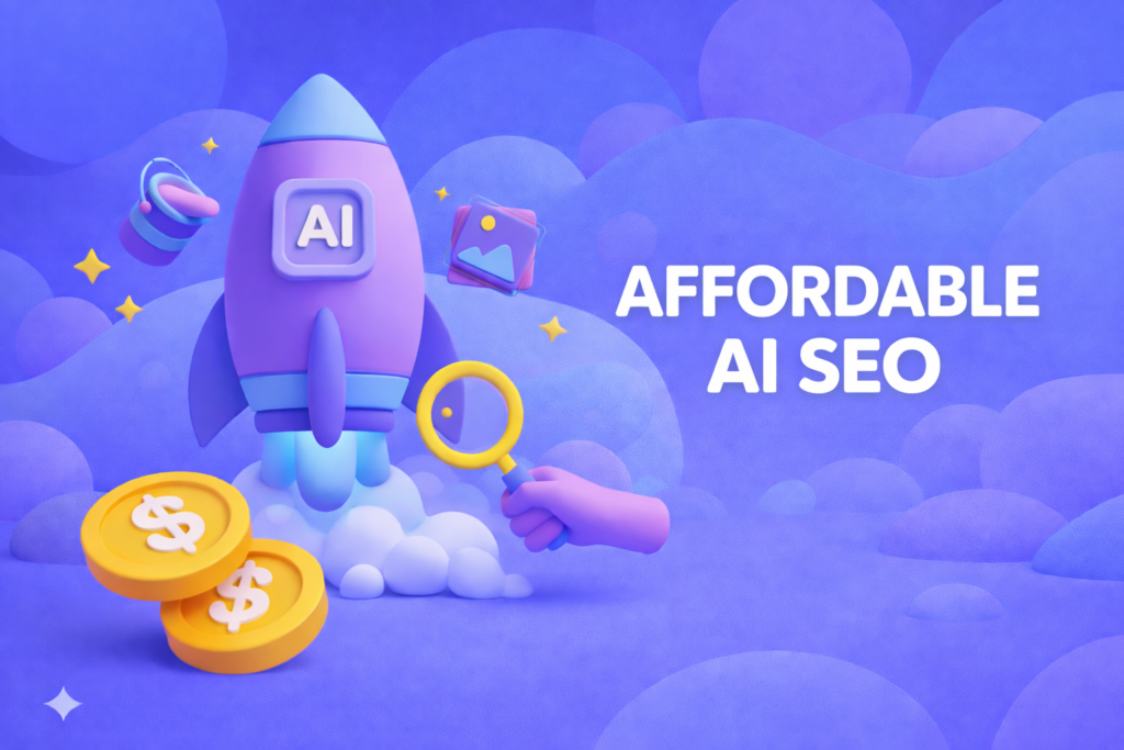 3D-иллюстрация ракеты с иконкой AI и крупным текстом «AFFORDABLE AI SEO» на синем и фиолетовом технологическом фоне