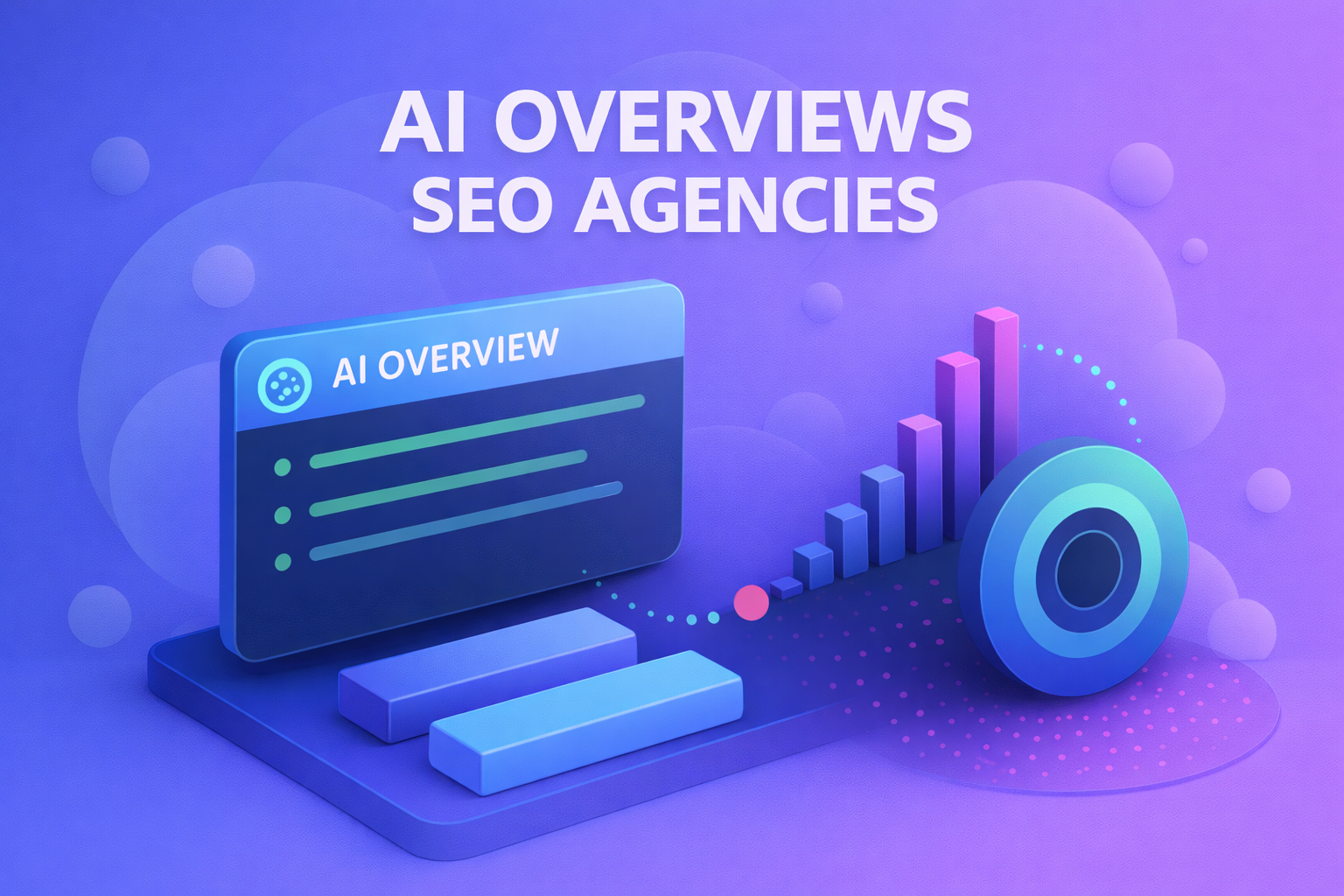 Soft 3D illustration in blue and purple tones showing AI Overviews interface, analytics charts and rounded abstract shapes, representing SEO agencies and AI-driven search optimization.