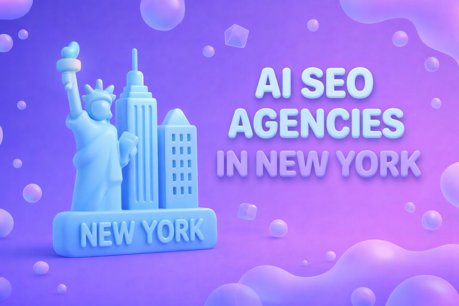 Soft 3D illustration of New York City with the Statue of Liberty and skyscrapers in blue and purple tones, representing AI SEO agencies in New York.