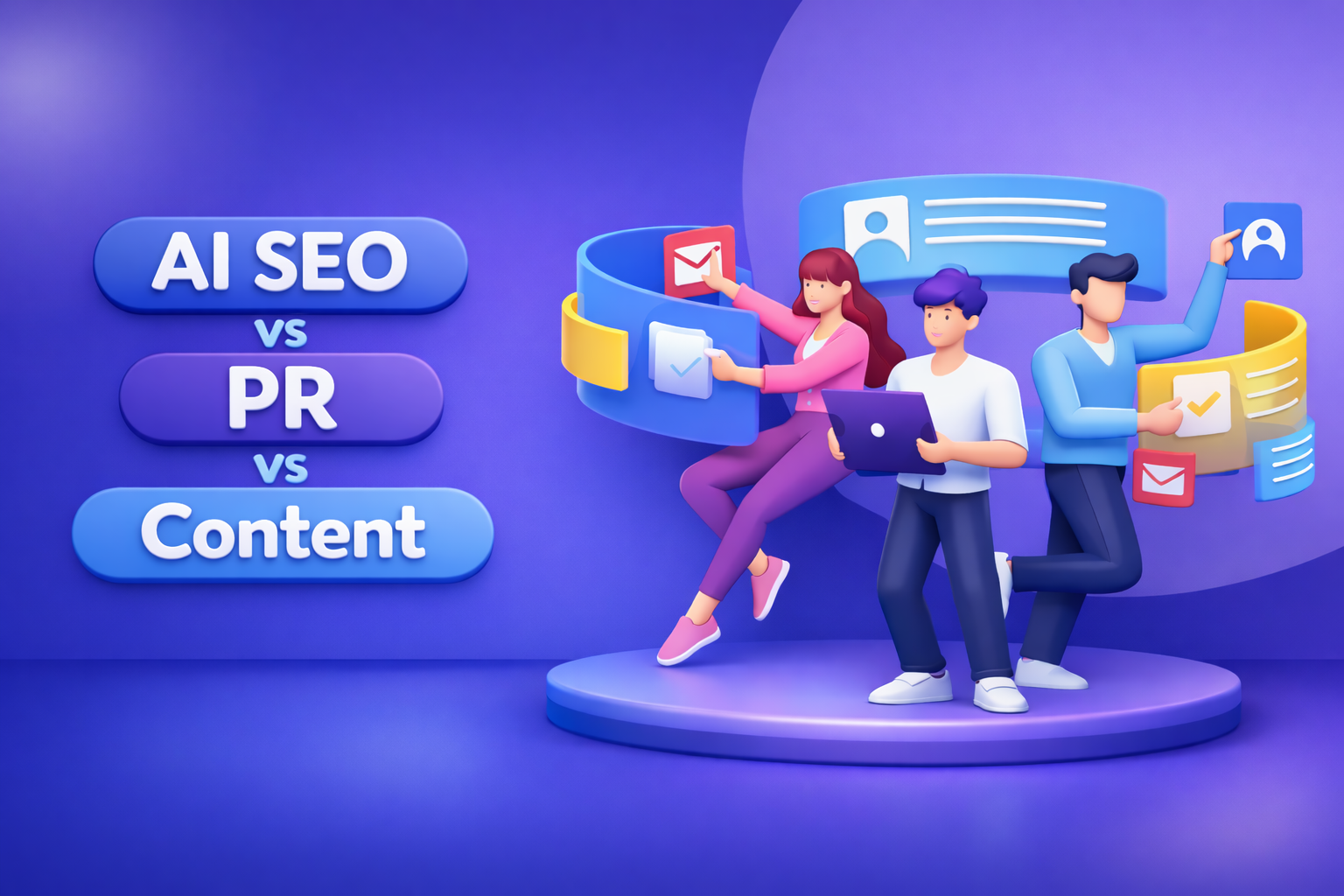 Illustration 3D douce avec des boutons arrondis minimaux comparant AI SEO, PR, et Content dans un style tech bleu-violet.