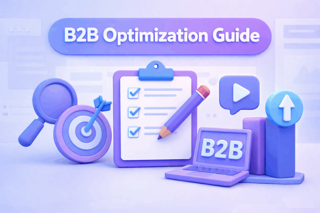 3D-иллюстрация руководства по оптимизации B2B с контрольным списком, иконками аналитики и элементами роста в сине-фиолетовом стиле пользовательского интерфейса.