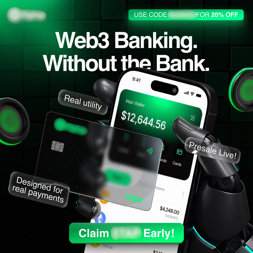 Promoção bancária Web3 com uma aplicação de carteira móvel, cartão Visa, mãos robóticas, crachá de pré-venda em direto e mensagens sobre pagamentos no mundo real.