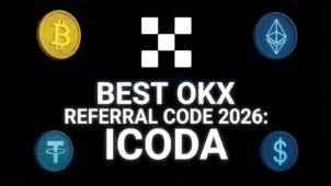 Рекламный баннер для OKX с изображением иконок биткоина, Ethereum, USDT и доллара с текстом 