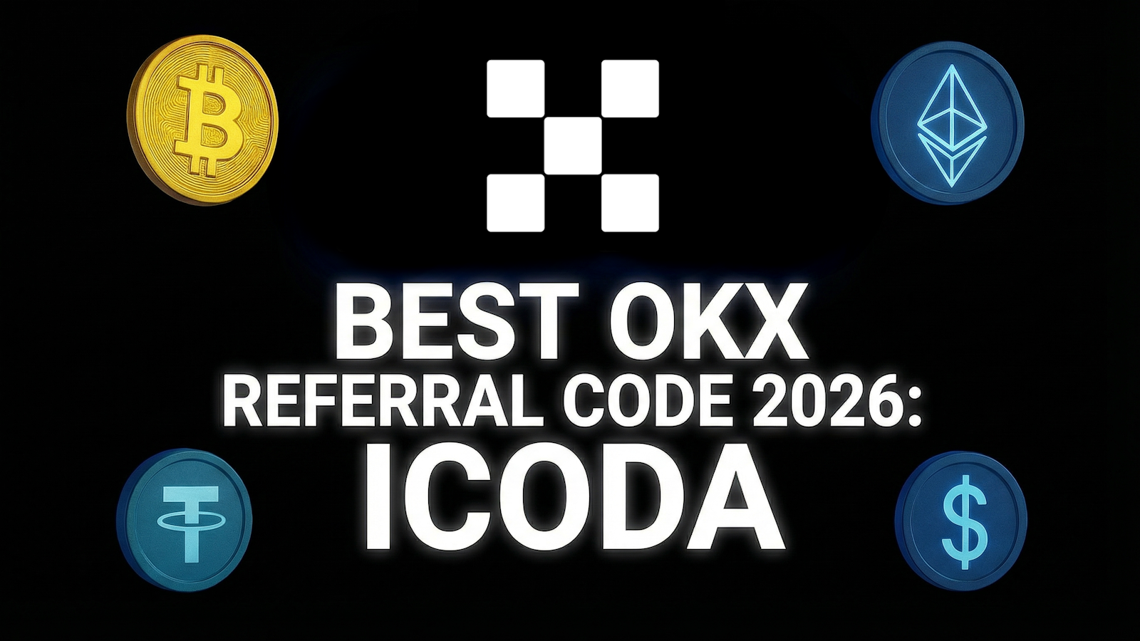 Рекламный баннер для OKX с изображением иконок биткоина, Ethereum, USDT и доллара с текстом 