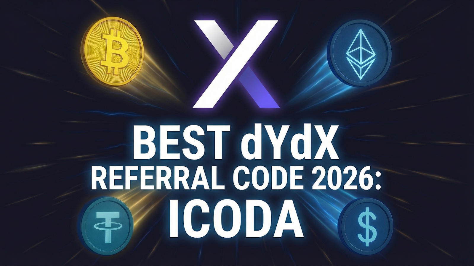 Promotional graphic for dYdX featuring Bitcoin, Ethereum, USDT and dollar icons with text “Best dYdX Referral Code 2026: ICODA”
