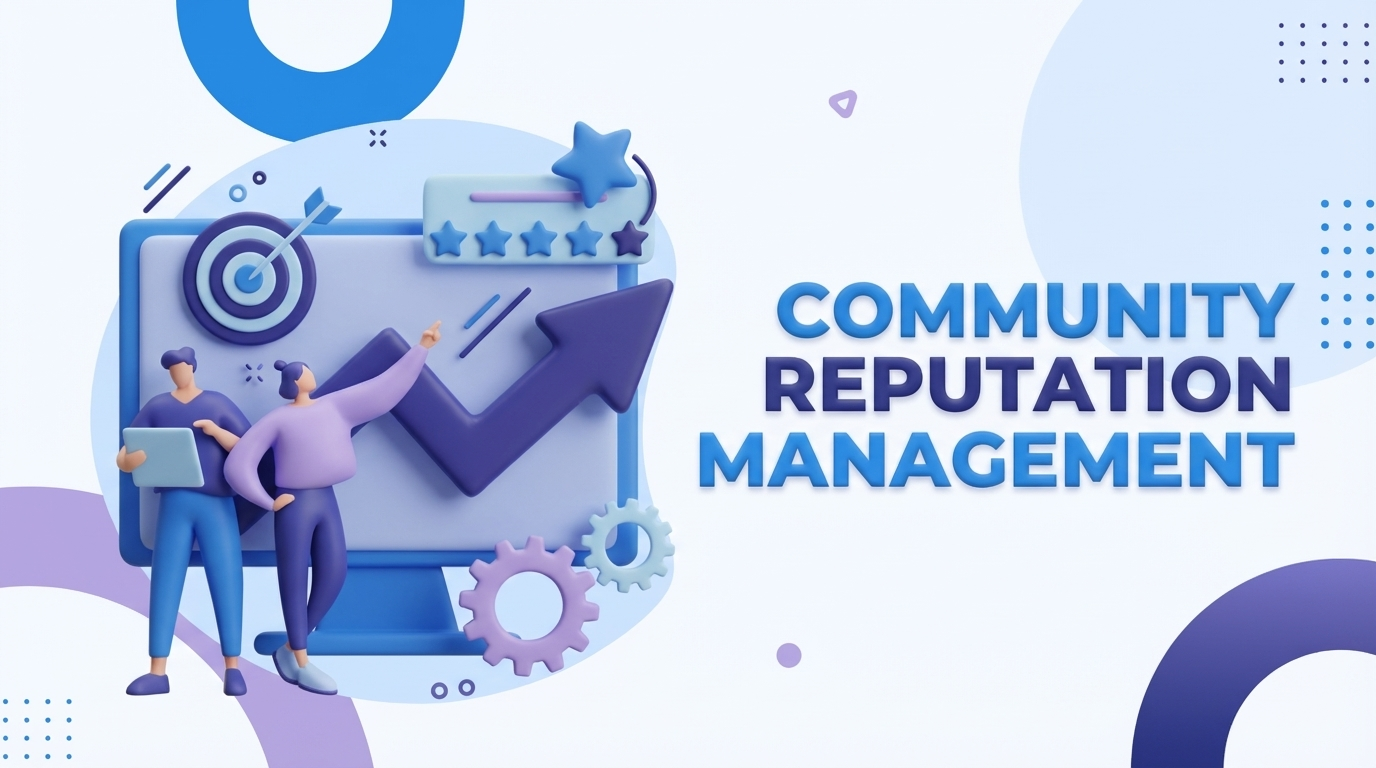 Community reputation management illustration showing team analyzing brand performance metrics, star ratings, and growth charts on a dashboard with target goals and strategy gears.
