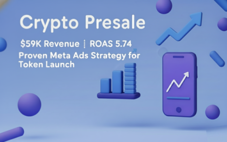 3D tech illustration for a Crypto Presale featuring $59K Revenue and 5.74 ROAS. Includes rounded blue and purple icons like a monitor, bar charts, and pie graphs on a soft gradient background.